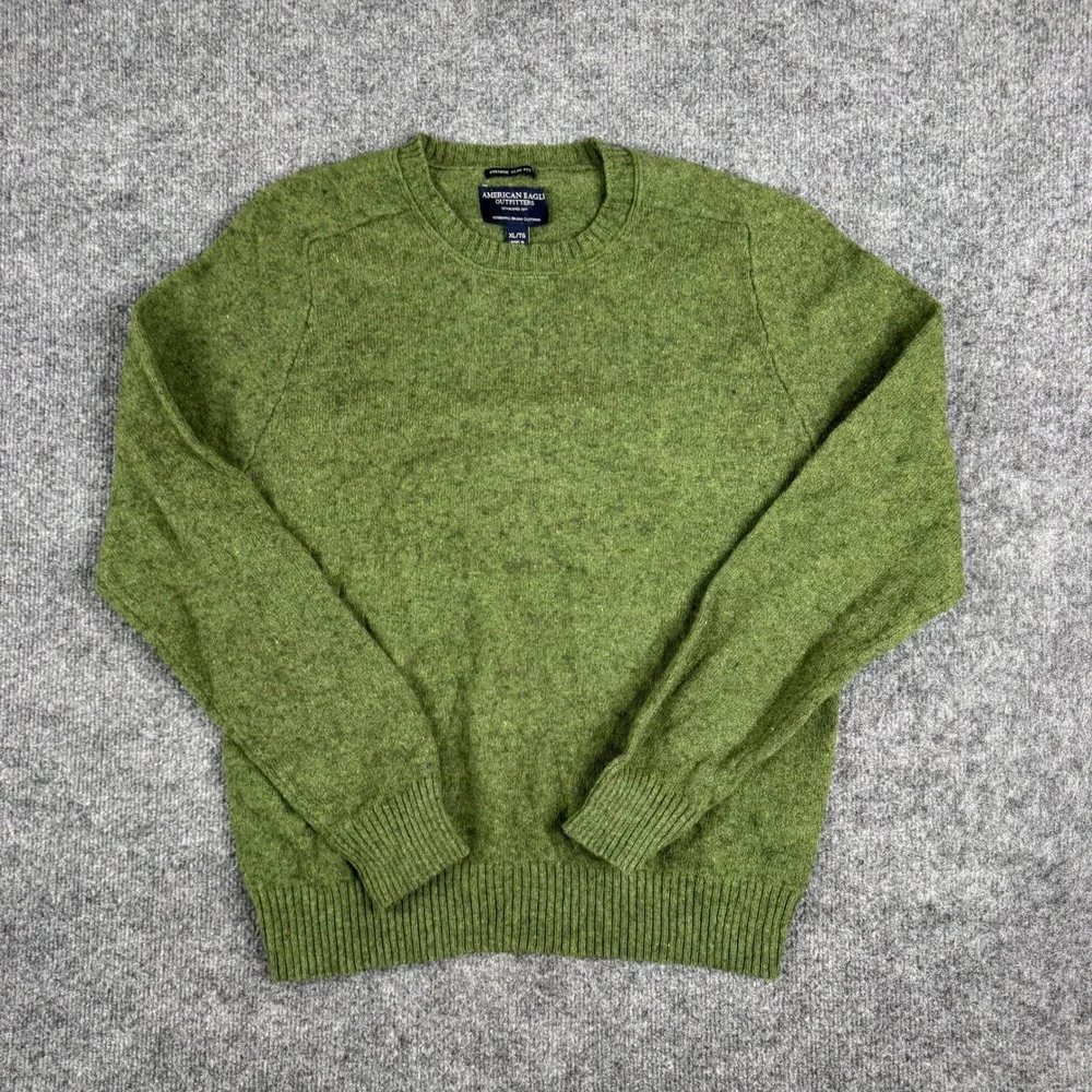 American Eagle Sweater Mens XL Green Wool Blend Vintage Slim Fit Crewneck Ribbed